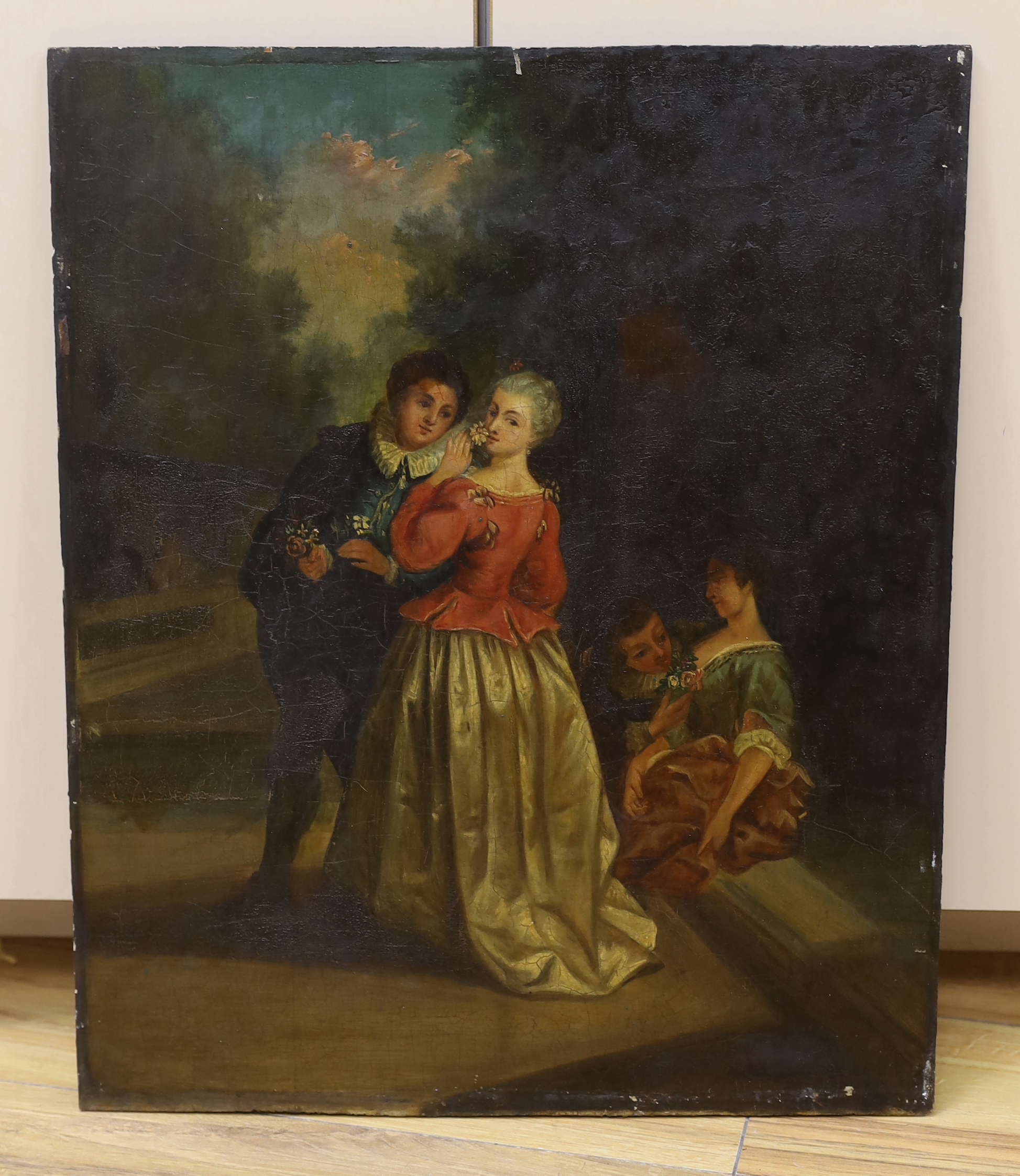 After Watteau, oil on panel, courting couples, 46 x 38 cm